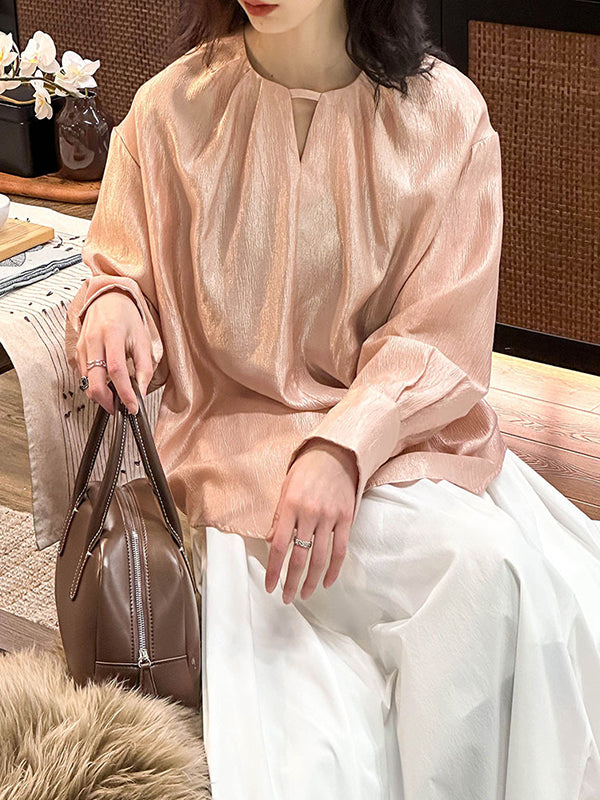 Hollow Shiny Solid Color Long Sleeves Loose Round-Neck Blouses&Shirts Tops