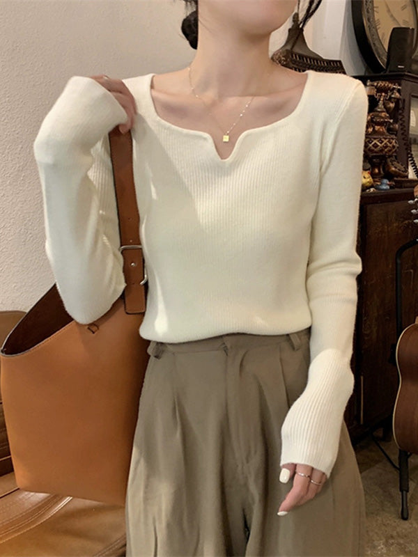 Colorful Solid Color Long Sleeves Skinny V-neck Sweater Tops Pullovers Knitwear