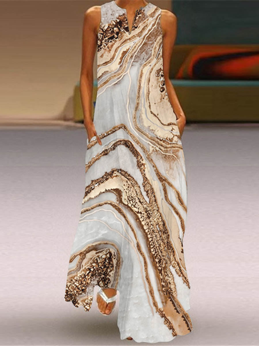 Contrast Color Pockets Printed Split-Joint A-Line Loose V-Neck Maxi Dresses