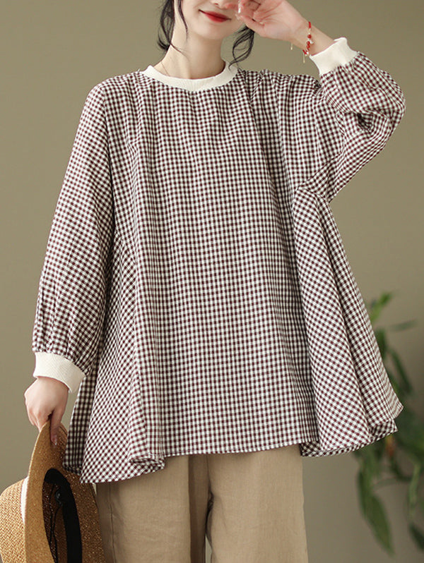 Puff Sleeves Irregularity Plaid Split-Joint Round-Neck T-Shirts Tops