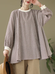 Puff Sleeves Irregularity Plaid Split-Joint Round-Neck T-Shirts Tops