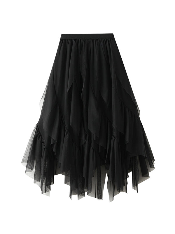 Elasticity Gauze Pleated Solid Color Split-Joint A-Line Loose Skirts
