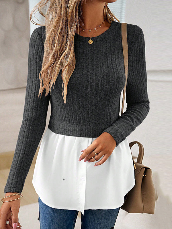 Buttoned Split-Joint Long Sleeves Loose Round-neck Knit Top