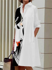 Long Sleeves Loose Buttoned Figure Printed Lapel Collar Midi Dresses