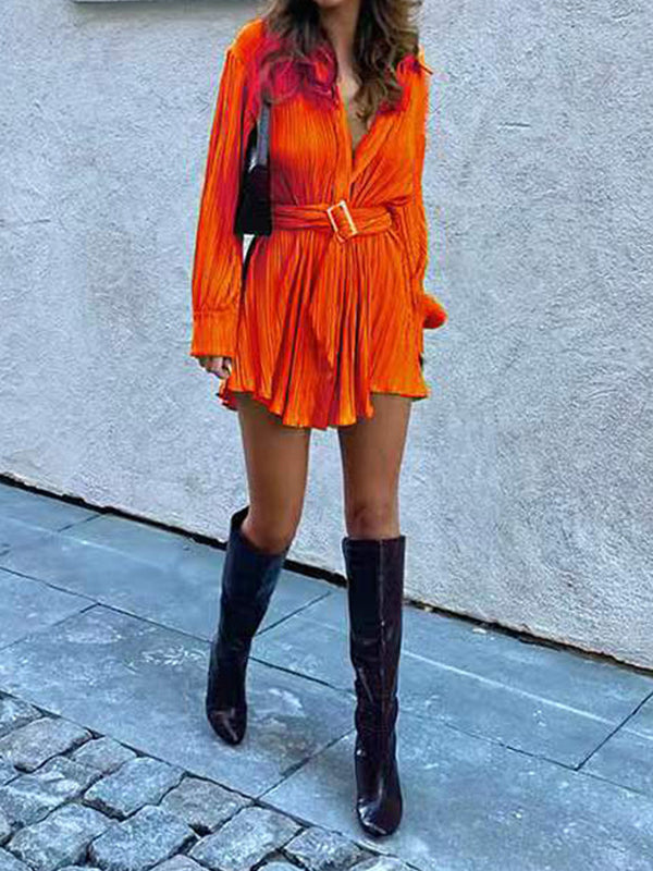 Buttoned Pleated Solid Color Tied Waist Long Sleeves Lapel Shirt Dress Mini Dresses
