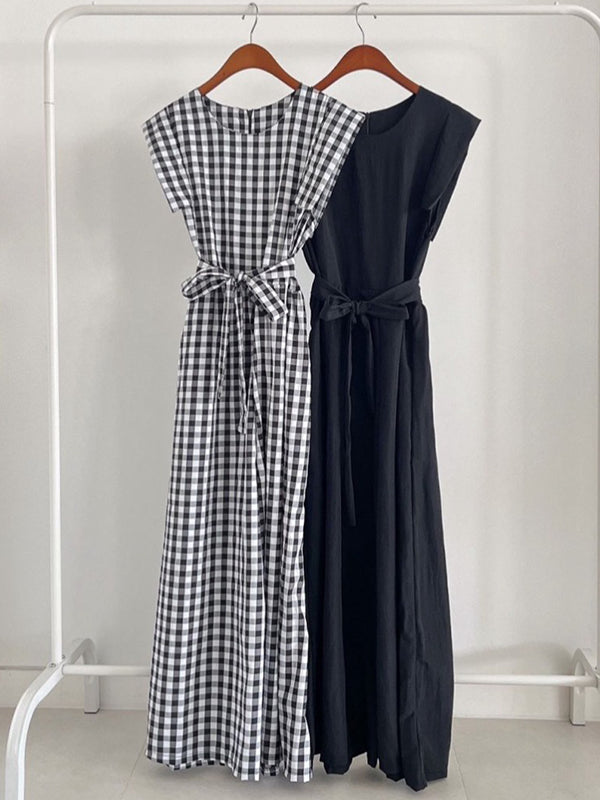 Plaid Pockets Tied Waist High Waisted Loose Round-neck Jumpsuits
