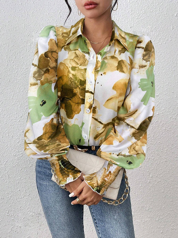 Buttoned Elasticity Flower Print Pleated Long Sleeves Loose Lapel Blouses&Shirts Tops