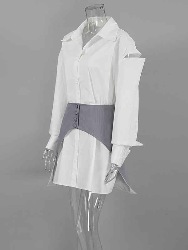Buttoned Hollow Waistband High Waisted Long Sleeves Lapel Blouses&Shirts Tops