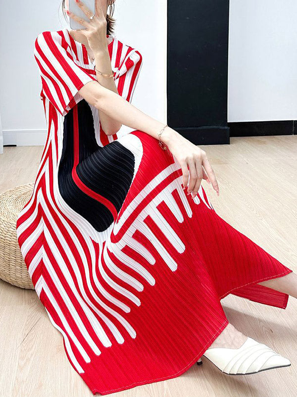 Pleated Printed A-line Loose V-neck Midi Dresses