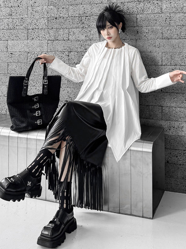 Asymmetric Pleated Solid Color Hipster Irregularity Round-Neck Blouses&Shirts Tops