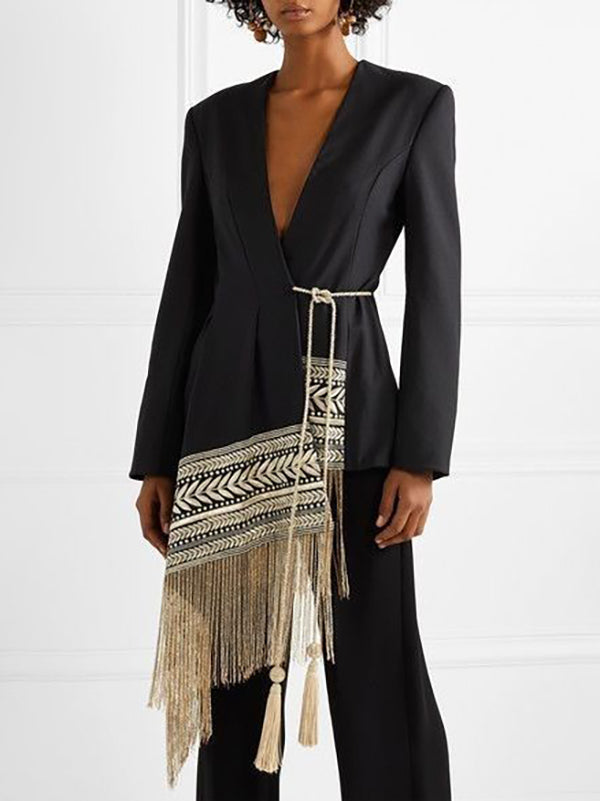 Asymmetric Embroidered Split-Joint Tasseled Tied Long Sleeves Loose V-Neck Outerwear Blazer