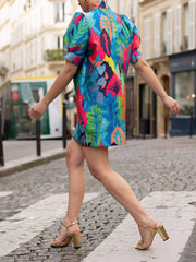 Contrast Color Leaves Print Loose Puff Sleeves High Neck Mini Dresses