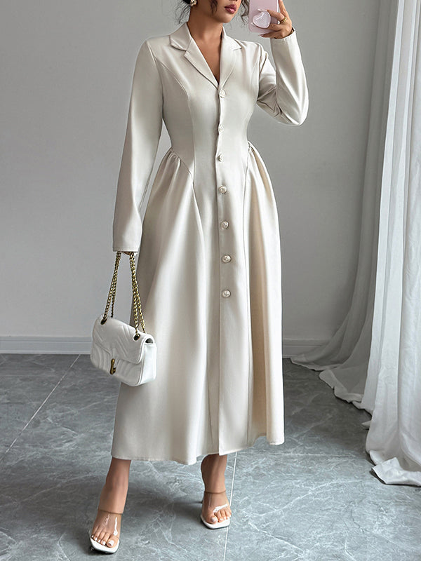 Buttoned Pleated Solid Color Split-Joint A-Line High Waisted Notched Collar Shirt Dress Maxi Dresses