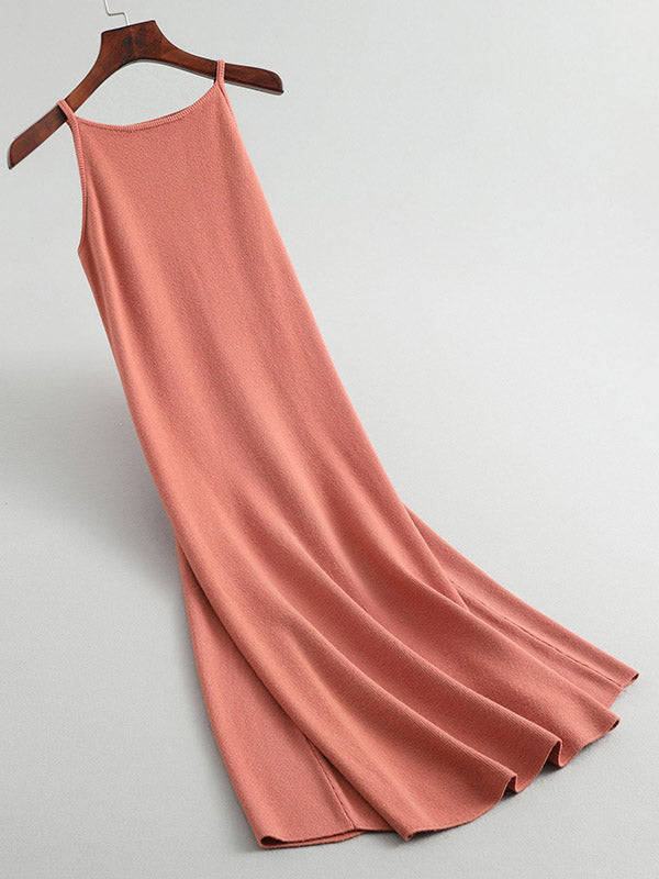 Solid Color A-Line High Waisted Spaghetti-Neck Midi Dresses
