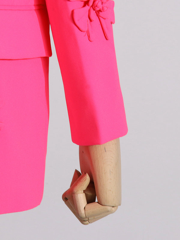 Flower-Embellished Solid Color Long Sleeves Lapel Outerwear Blazer