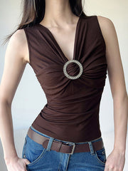 Pleated Solid Color Sleeveless V-Neck Vest Top