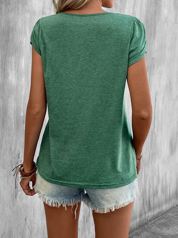 Solid Color Loose Short Sleeves V-neck T-Shirts Tops
