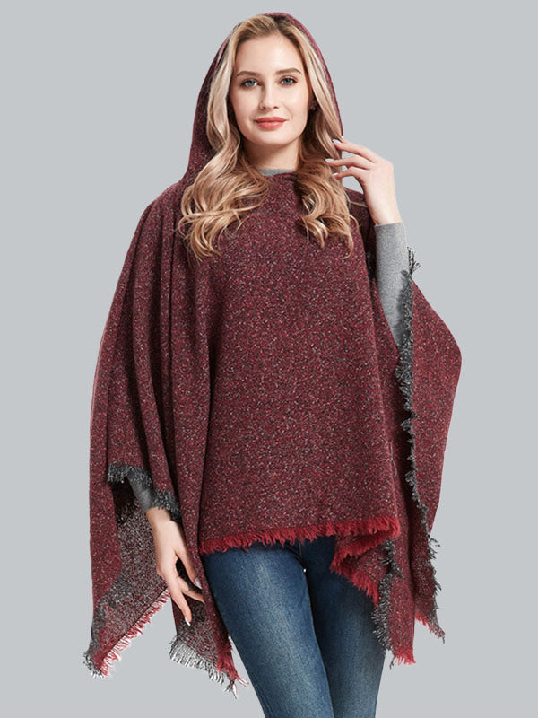 Fringed Hooded Keep Warm Solid Color Shawl&Cloak Cape