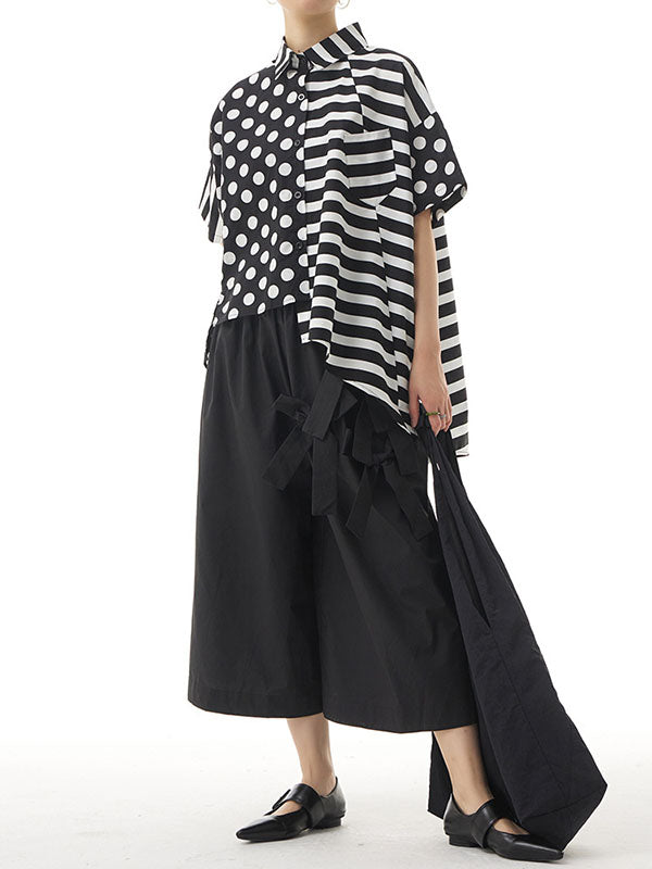 Polka-Dot Split-Joint Striped Irregular clipping Loose Lapel Shirts Tops