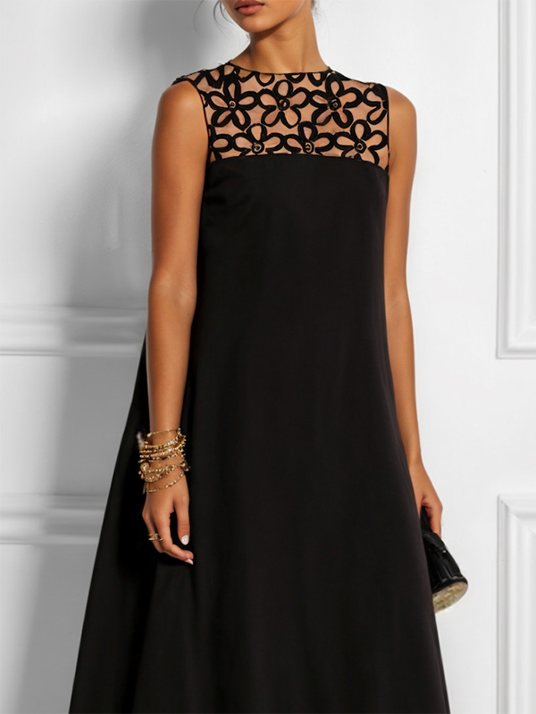 Hollow Solid Color Split-Joint Loose Sleeveless Round-Neck Maxi Dresses