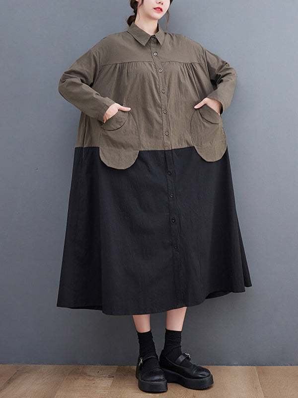 Original Loose Long Sleeves Buttoned Contrast Color Lapel Collar Midi Dresses