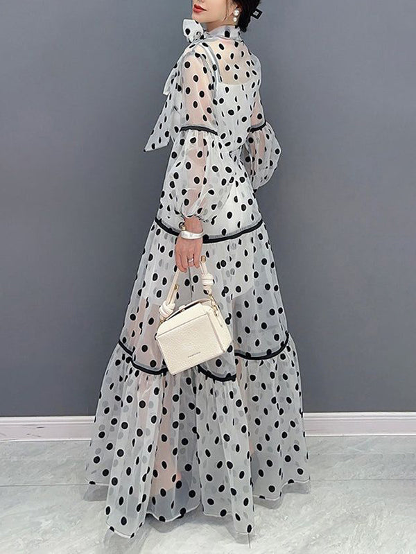 Elasticity Polka-Dot See-Through Split-Joint Tied Long Sleeves Loose Mock Neck Maxi Dresses