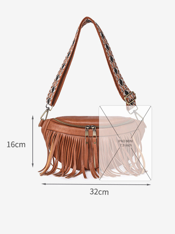 Geometric Tasseled Zipper Crossbody Bags