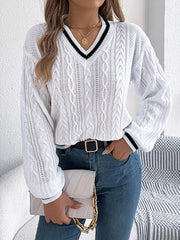 Cable Knit Contrast Color Split-Joint Long Sleeves Puff Sleeves V-Neck Sweater Tops Knit Top