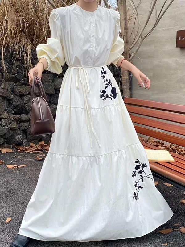 Buttoned Embroidered Pleated Pockets Split-Joint Tied Waist High Waisted Long Sleeves Round-Neck Maxi Dresses