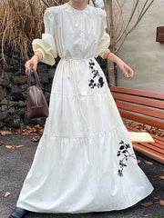 Buttoned Embroidered Pleated Pockets Split-Joint Tied Waist High Waisted Long Sleeves Round-Neck Maxi Dresses