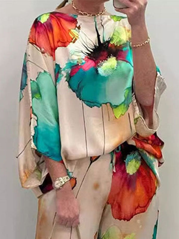 Printed Split-Joint Batwing Sleeves Loose Round-neck Blouses&shirts Tops