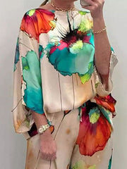 Printed Split-Joint Batwing Sleeves Loose Round-neck Blouses&shirts Tops