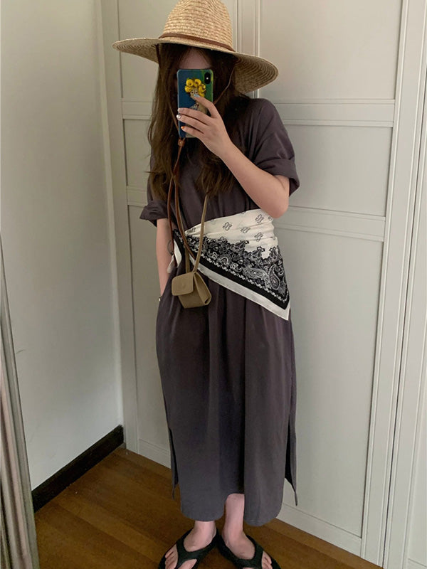 Casual Loose Short Sleeves Split-Side Solid Color Round-Neck Midi Dresses