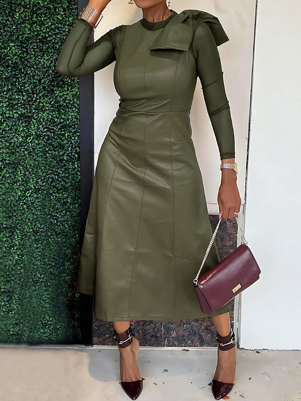 Bowknot Solid Color Split-Joint A-Line Long Sleeves Round-Neck Midi Dresses