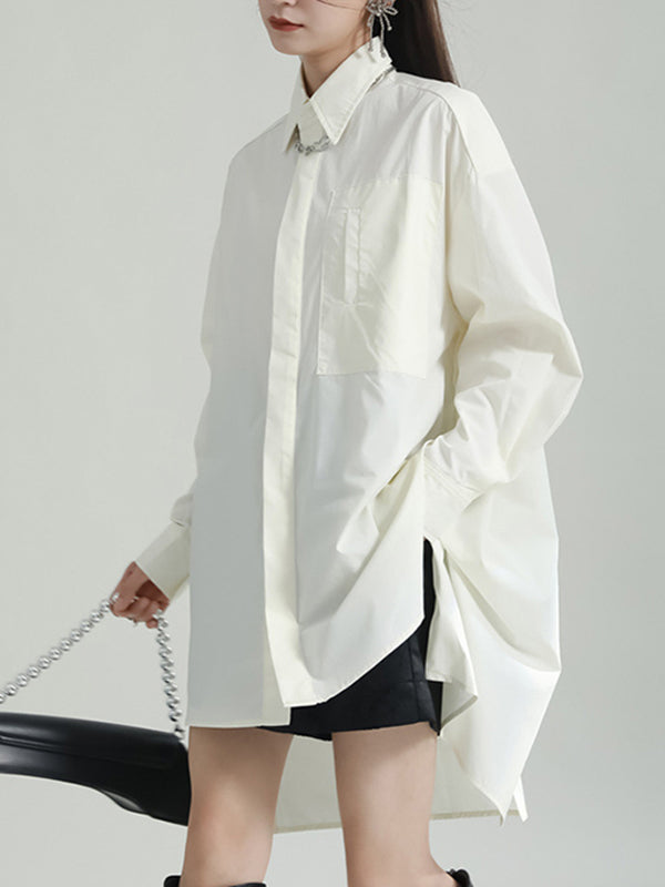Solid Color Split-side High-low Irregular clipping Lapel Shirts Tops