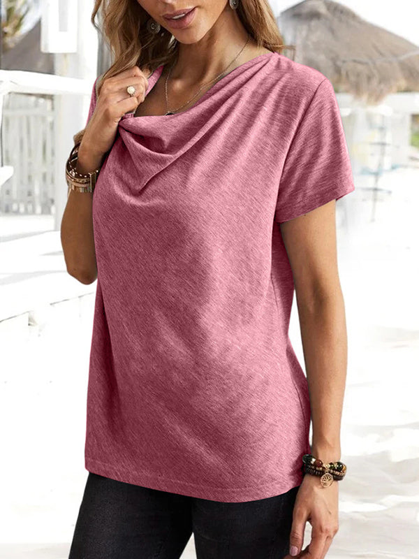 Solid Color Loose Short Sleeves U-Neck T-Shirts Tops