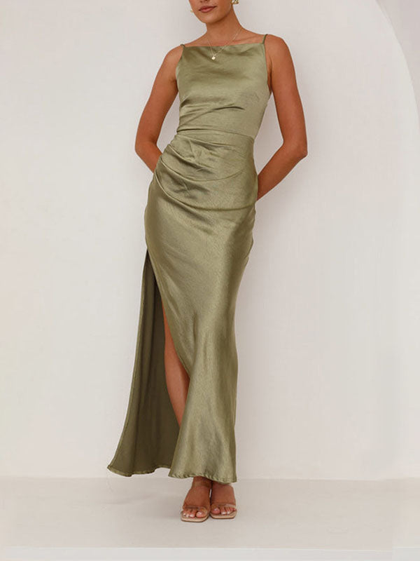 Pleated Solid Color Split-Joint Split-side Sleeveless Spaghetti-Neck Midi Dresses