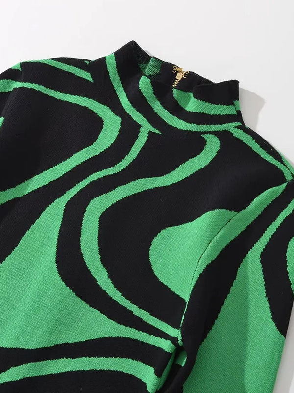 Contrast Color Printed Split-Back Split-Joint Zipper Long Sleeves Skinny High Neck Midi Dresses