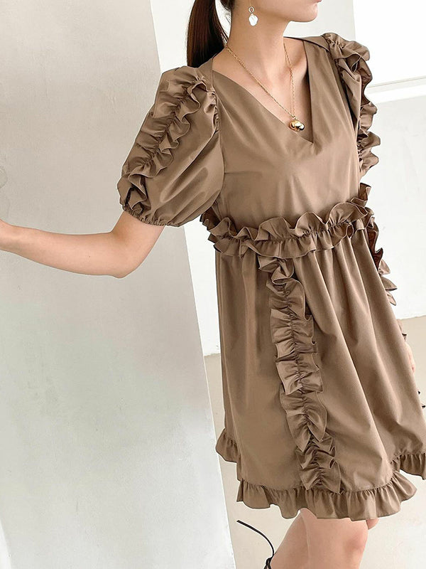 Ruffle Trim Split-Joint A-Line Loose V-Neck Mini Dresses