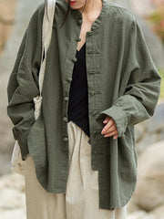 Chinese Frog Buttons Pleated Solid Color Split-Joint Batwing Sleeves Loose Stand Collar Blouses