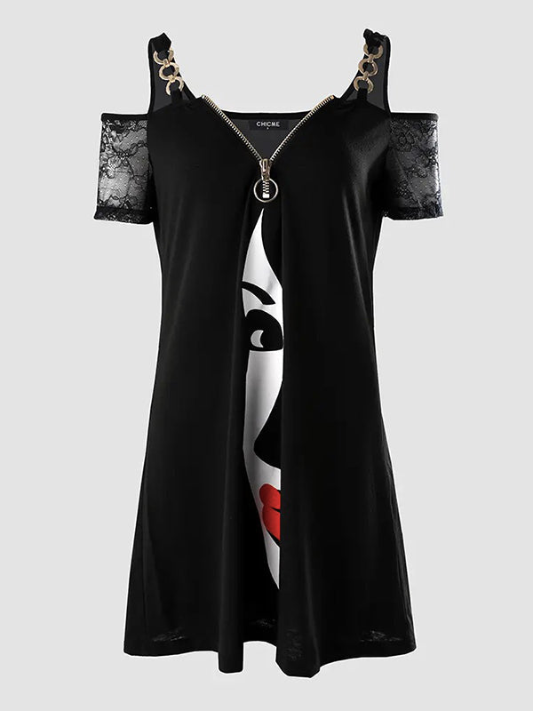 Figure Printed Zipper Irregularity Cold shoulder Mini Dresses