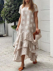 Layered Polka-Dot Split-Joint A-Line Loose Round-Neck Maxi Dresses