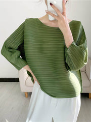 Casual Loose Three-Quarter Sleeves Pleated Solid Color Round-Neck T-Shirts Tops