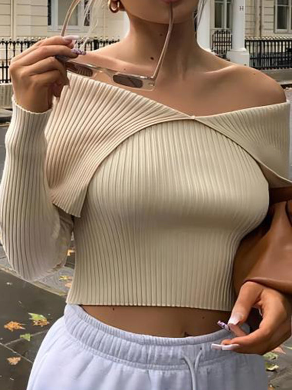 Solid Color Long Sleeves Skinny Off-The-Shoulder Sweater Tops