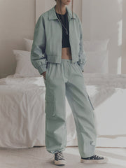 Elasticity Pleated Solid Color Split-Joint Zipper Long Sleeves Loose Lapel Outerwear Jackets