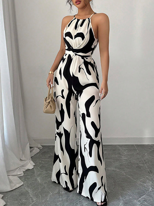 Contrast Color Pleated Loose Sleeveless Spaghetti-Neck Jumpsuits