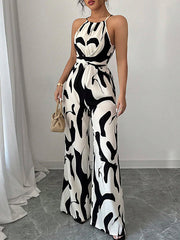 Contrast Color Pleated Loose Sleeveless Spaghetti-Neck Jumpsuits