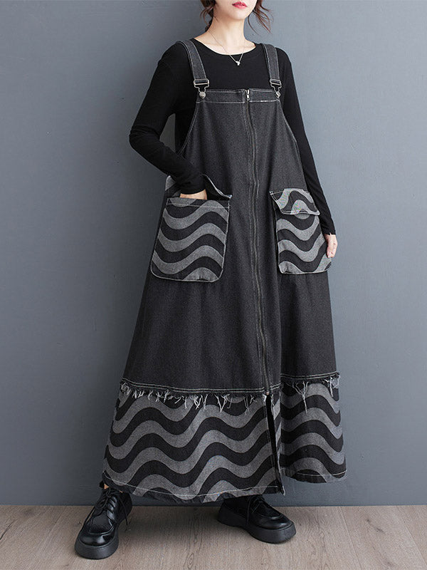 Split-Joint Striped Zipper A-Line Loose Adjustable Straps Midi Dresses