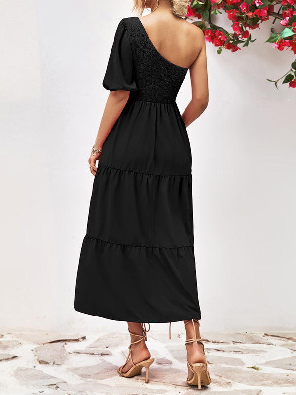 Solid Color Loose Puff Sleeves One-Shoulder Midi Dresses