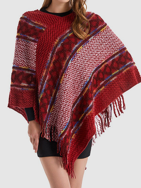 Asymmetric Tasseled Loose V-Neck Shawl&Cloak Cape